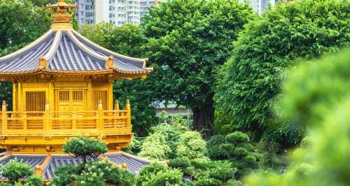 Chi Lin Nunnery and Nan Lian Garden. Golden pavilion of absolute perfection in Nan Lian Garden in Chi Lin Nunnery, Hong Kong, China