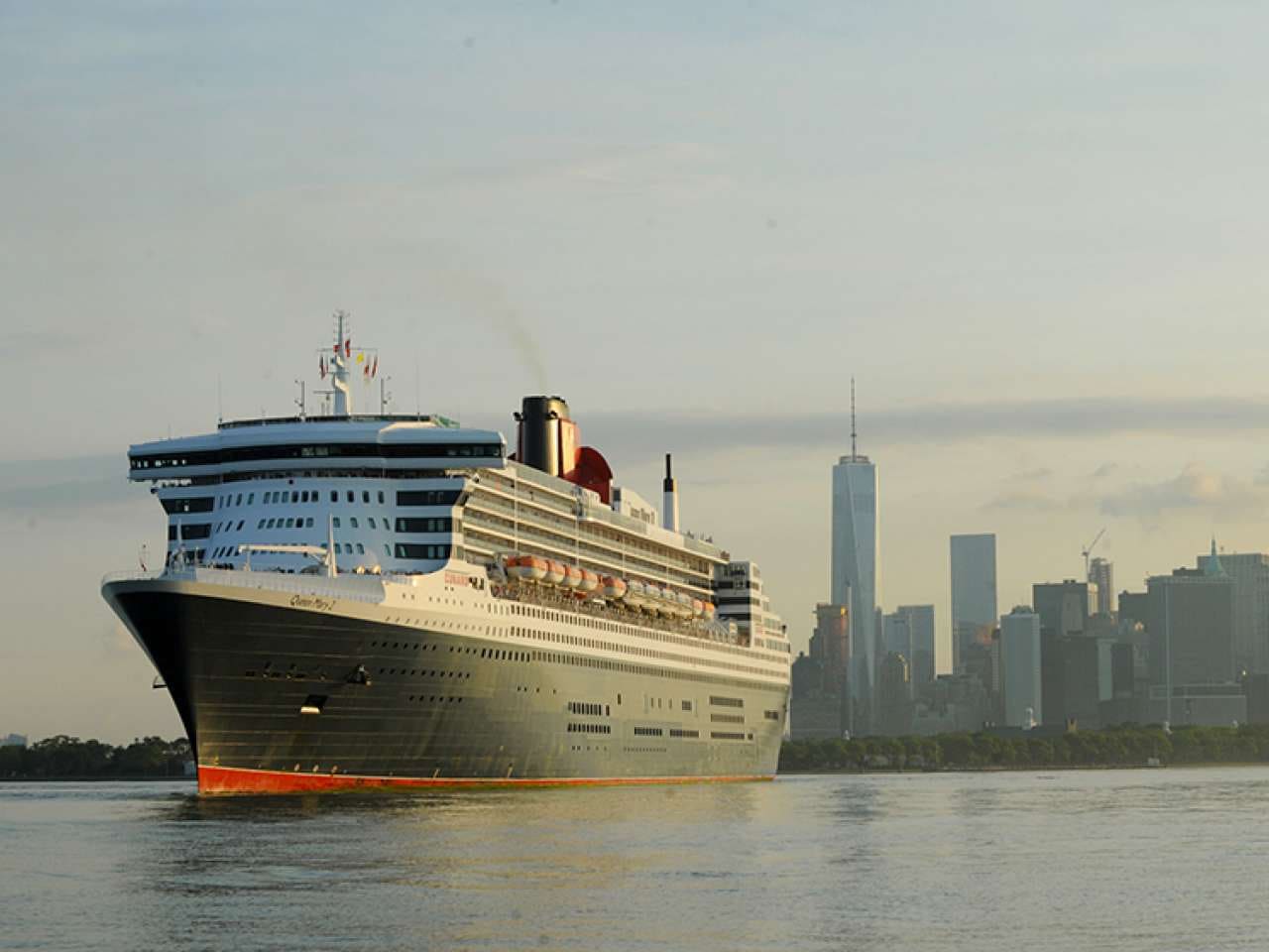 Queen Mary 2 arrives in New York, the final leg of her 175th Anniversary tour, Tuesday, July 14, 2015.  This month marks the 175th Anniversary of Cunard, and the companyÕs flagship, Queen Mary 2, has recreated the historic Transatlantic Crossing from Liverpool to Halifax and Boston made by the RMS Britannia in July 1840.   Although not a port of call in the original crossing made by Britannia, New York has been Cunard's North American home port for over a century.  (Photo by Diane Bondareff/AP Images for Cunard)
